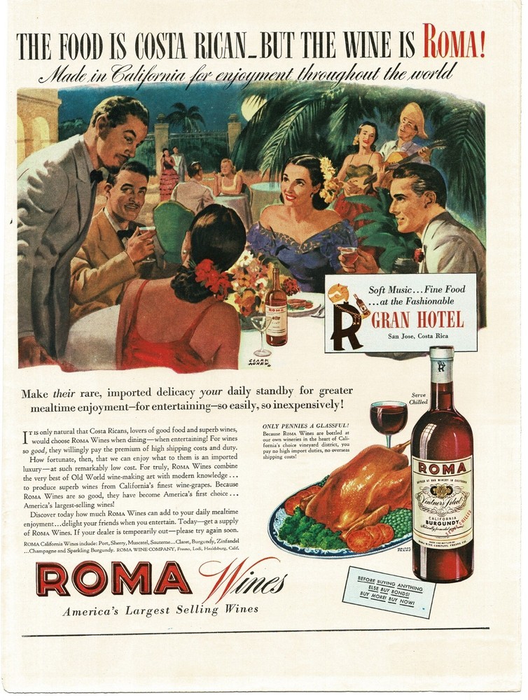 1944 Roma Wines Sherry Gran Hotel San Jose Costa Rica art Vintage Print Ad