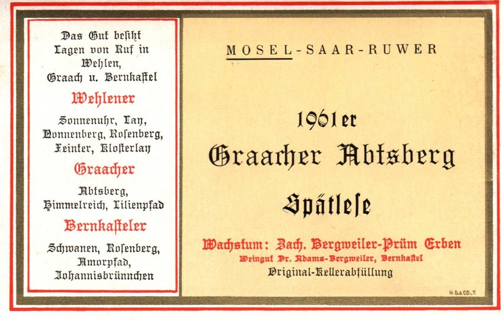 German Wine Label 1960s 1961er Abtsberg Spatlese Mosel