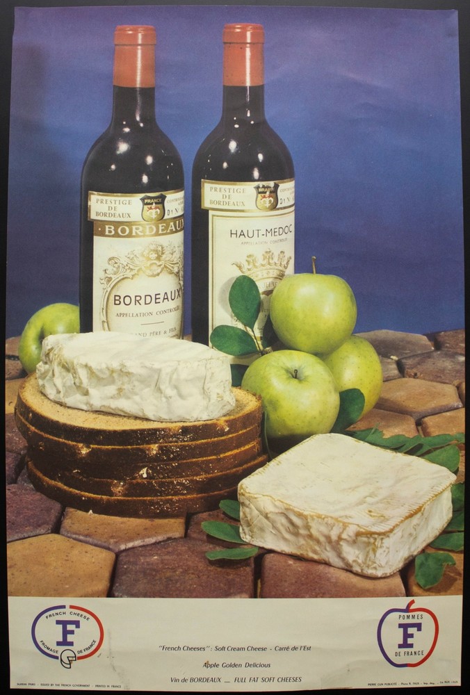 c.1960 French Wine Cheese Advertising Poster Carre de l&rsquo;Est Vin de Bordeaux ORIG