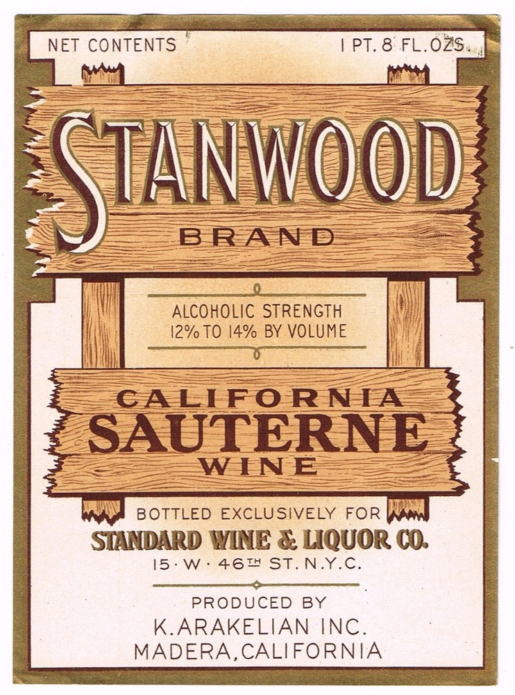 C1930S STANWOOD WINE BOTTLE LABEL MADERA CALIFORNIA ORIGINAL VINTAGE SAUTERNE