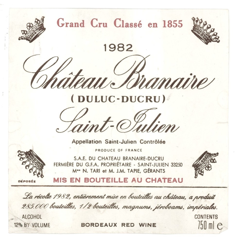 Chateau Branaire Wine Label 1982 France French
