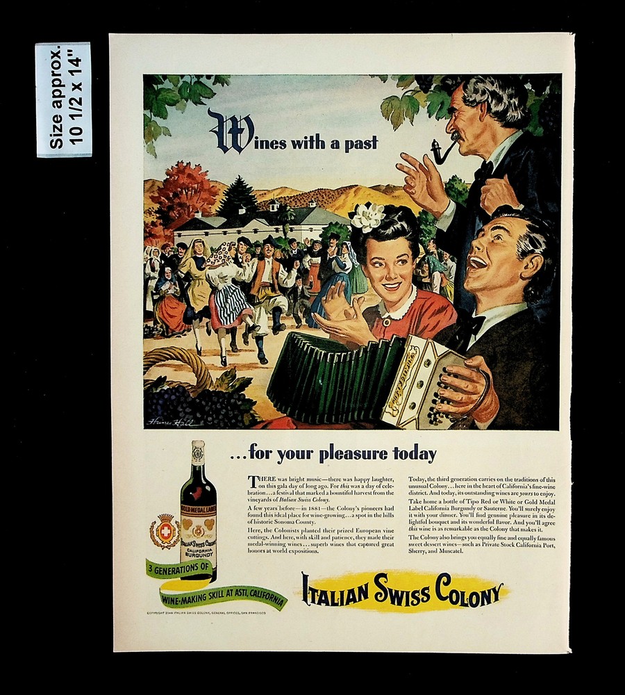 1944 Italian Swiss Colony Wine With A Past Pleasure Today Vintage Print Ad 35658