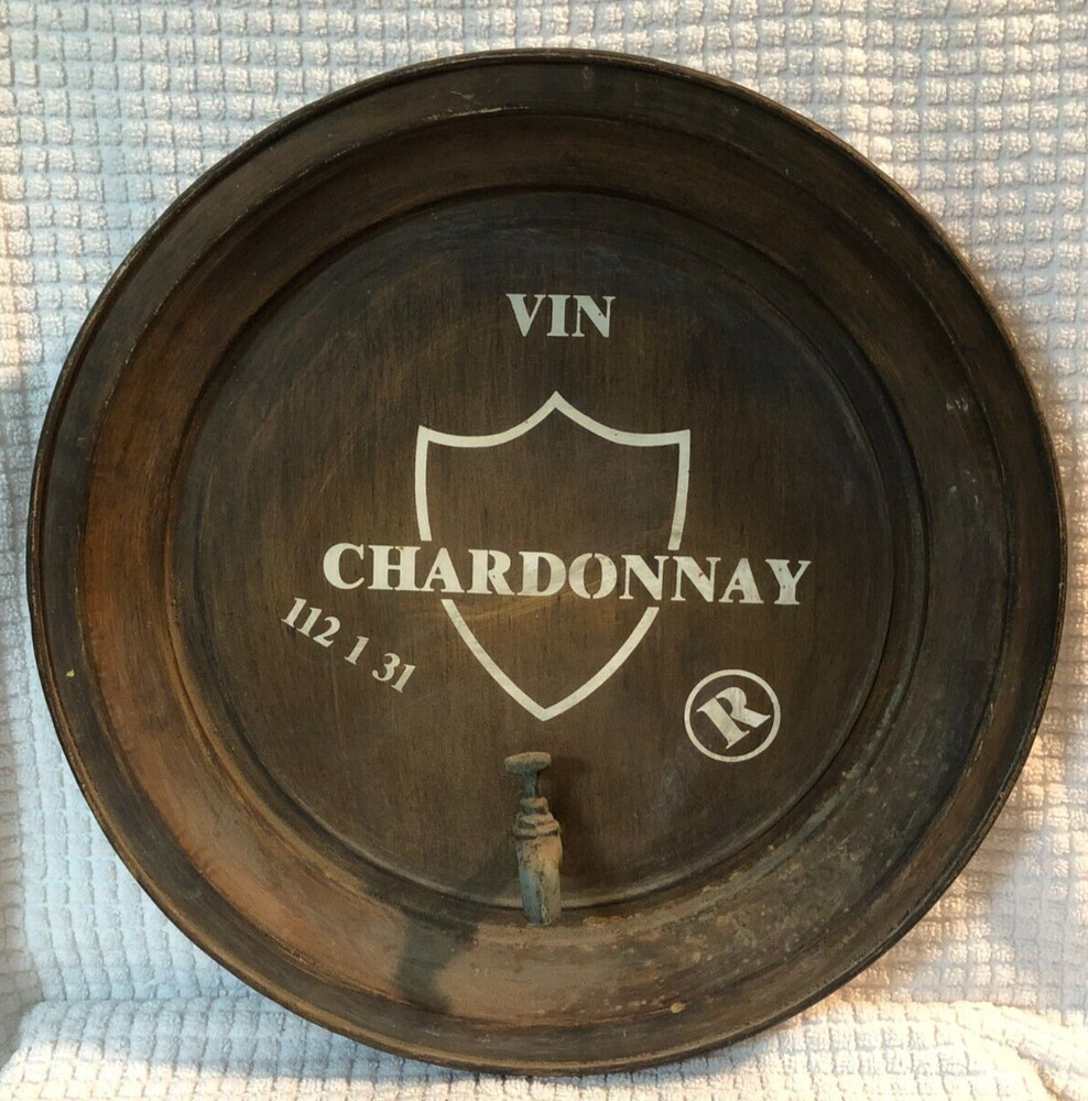 VTG WINE BARREL TOP SPIGOT METAL SIGN VIN CHARDONNAY BAR DECOR WALL HANGING 16 « 