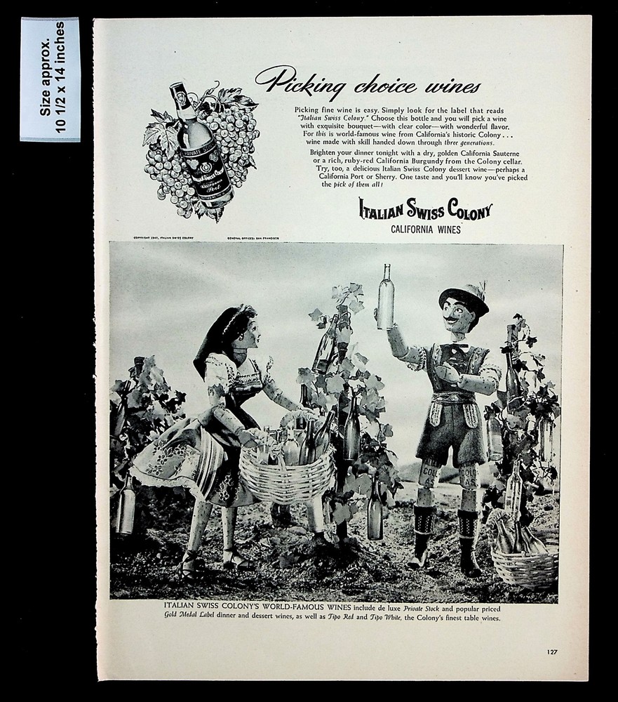 1947 Italian Swiss Colony California Wines Puppets Grapes Vintage Print Ad 31205