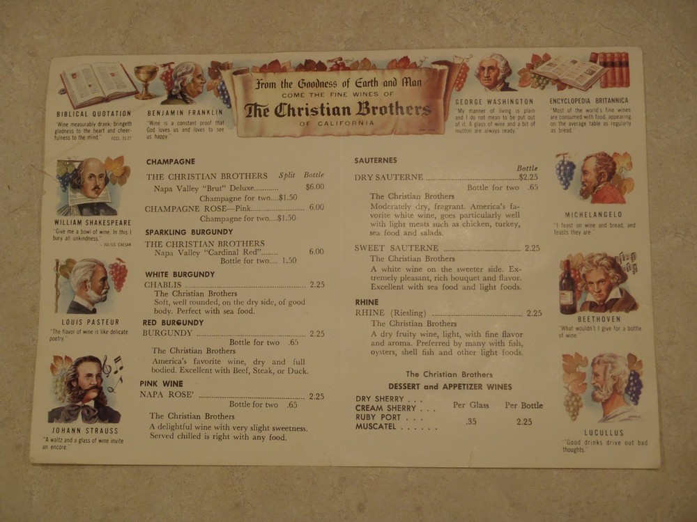 The Christian Brothers of California Wines Postcard Woodland Hotel Owen WI Vinta