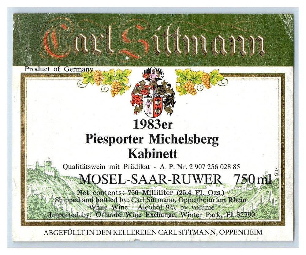 1983 Piesporter Michelsberg Kabinett Carl Sittman German Wine Label Original S9
