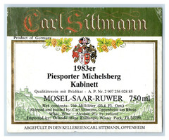 1983 Piesporter Michelsberg Kabinett Carl Sittman German Wine Label Original S9