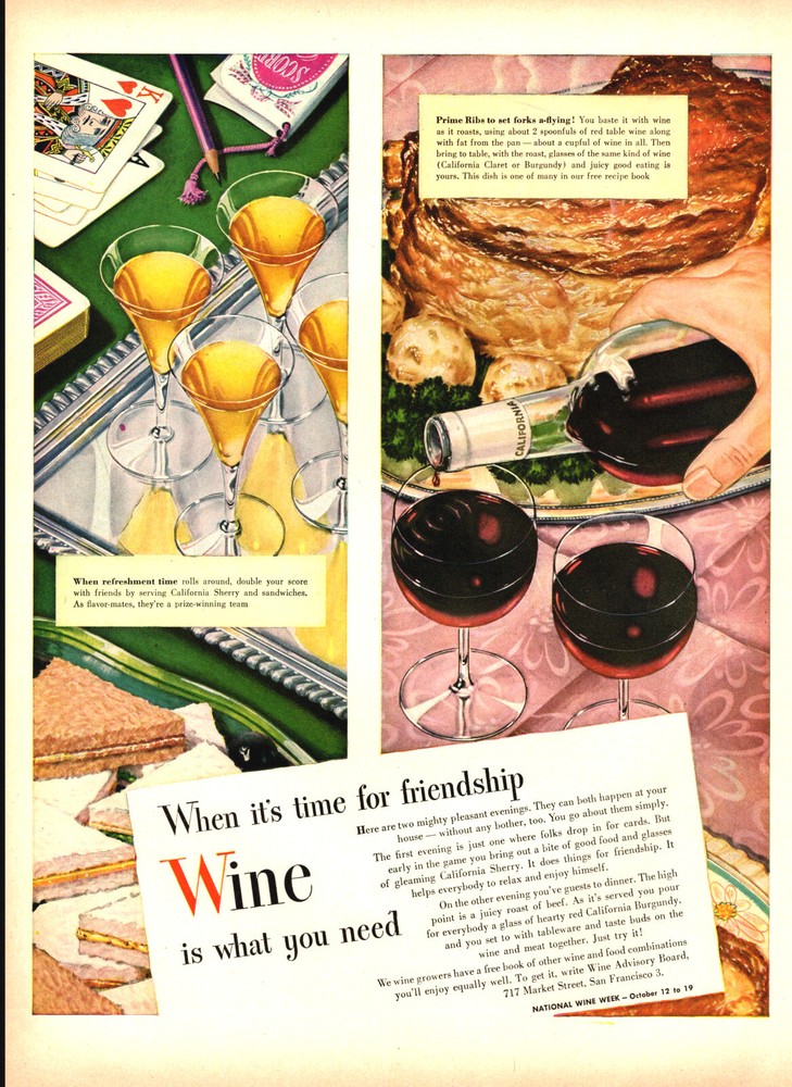 1946 vintage beverage AD for California WINE , Wine Advisory Board 012619