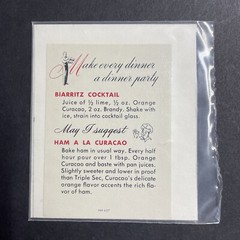 Vintage 1940s Orange Curacao UNUSED Paper Back Label With Recipe Q1984