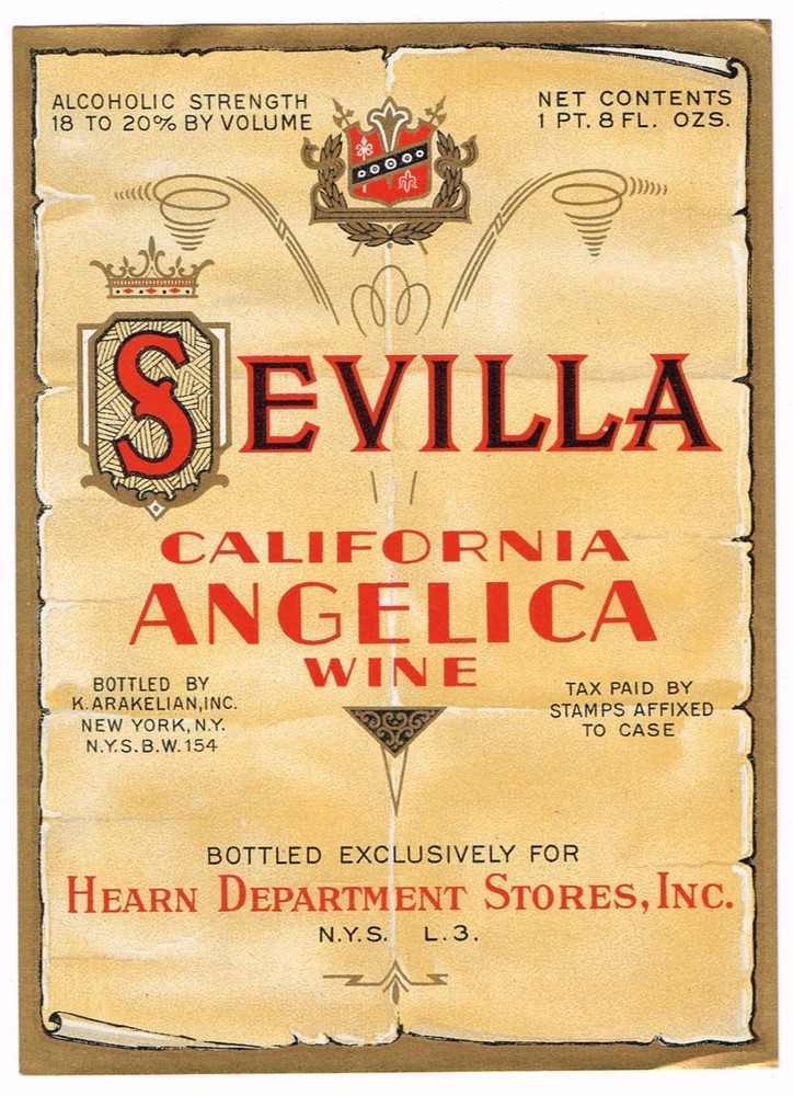 C1930S SEVILLA WINE BOTTLE LABEL VINTAGE ORIGINAL CALIFORNIA HEARN NY ANGELICA