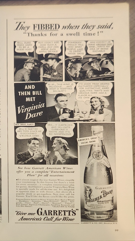 1941 Garretts Virginia Dare American White Wine Vintage Ad 14 x 5 they fibbed