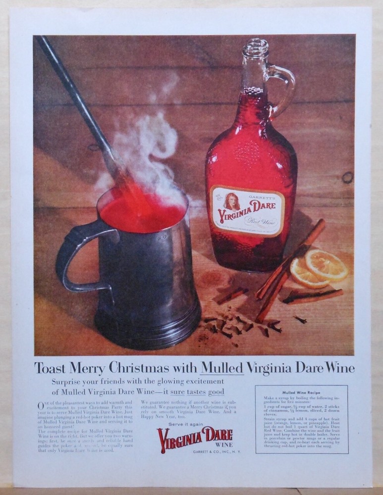 1954 magazine ad for Virginia Dare Wine -Toast Christmas with Mulled wine recipe