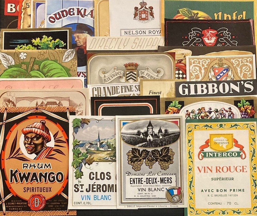 1940-1960 Vintage Lot of 25 European Wine Paper Labels « New Old Stock » W-1