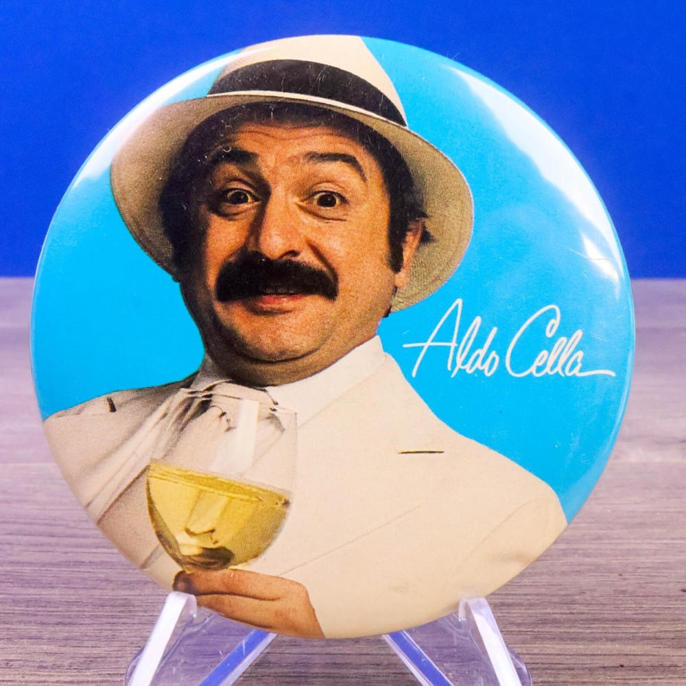 Aldo Cella Pinback Button Promo Vintage Wine advertising 3&Prime;