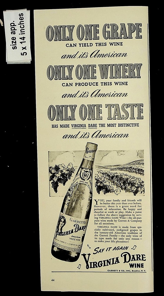 1943 Virginia Dare Garrett&rsquo;s Wine Vintage Print ad 8540
