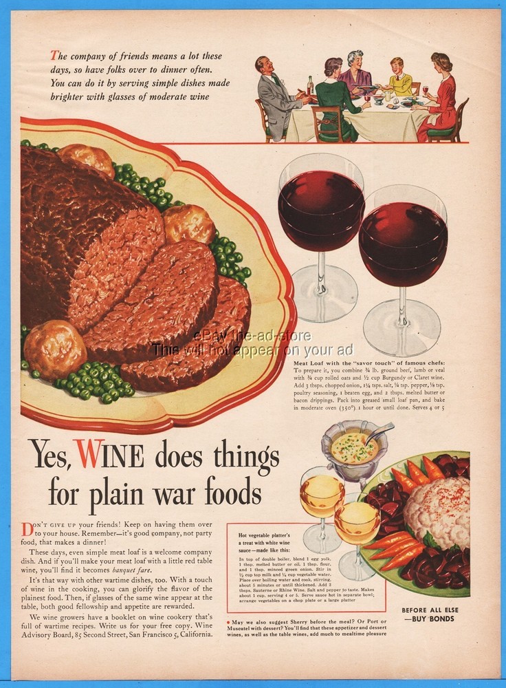1944 Wine Advisory Board San Francisco CA Meat Loaf Recipe WWII War Food ad