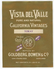 1930s Goldberg, Bowen & Co Oakland, CA Vista Del Valle Tokay Wine Label F224