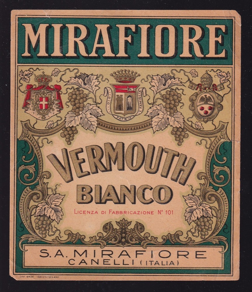 Italy old vermouth label brand Mirafiore, bottled in Canelli municipality, 1930s