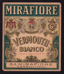 Italy old vermouth label brand Mirafiore, bottled in Canelli municipality, 1930s
