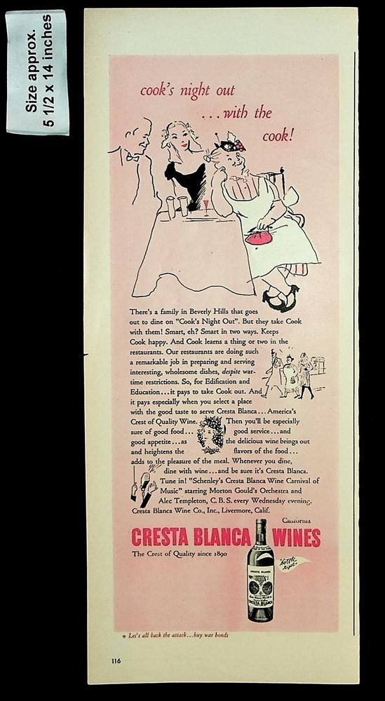 1944 Cresta Blanca Wines Cook&rsquo;s Night Out Bottle Ripe Vintage Print Ad 39103