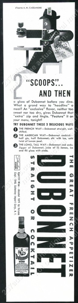 1940 A M Cassandre style newspaper reporter Dubonnet vintage print ad