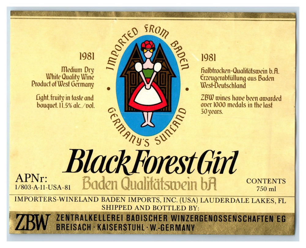 1970&rsquo;s-80&rsquo;s Black Forrest Girl Baden German Wine Label Original S12E