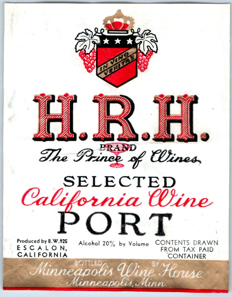 1920s-30s H.R.H. California Wine Port Escalon Label WL2