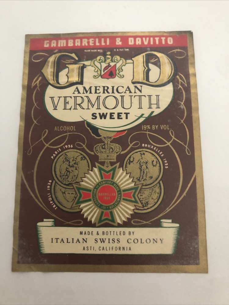 Vintage 1930s Gambarelli & Davitto Vermouth UNUSED Paper Label Jersey City