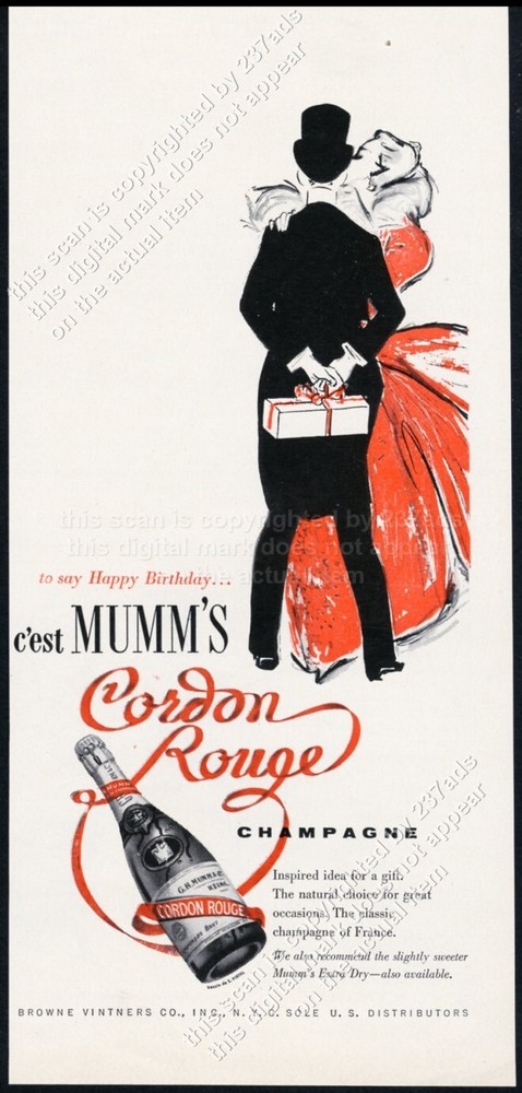1954 Mumm&rsquo;s Cordon Rouge champagne bottle romantic couple art vintage print ad