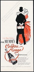 1954 Mumm&rsquo;s Cordon Rouge champagne bottle romantic couple art vintage print ad