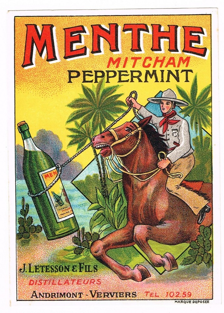 ORIGINAL C1930S BOTTLE LABEL ALCOHOL EUROPEAN COWBOY LASSO HORSE PEPPERMINT