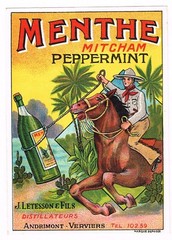 ORIGINAL C1930S BOTTLE LABEL ALCOHOL EUROPEAN COWBOY LASSO HORSE PEPPERMINT