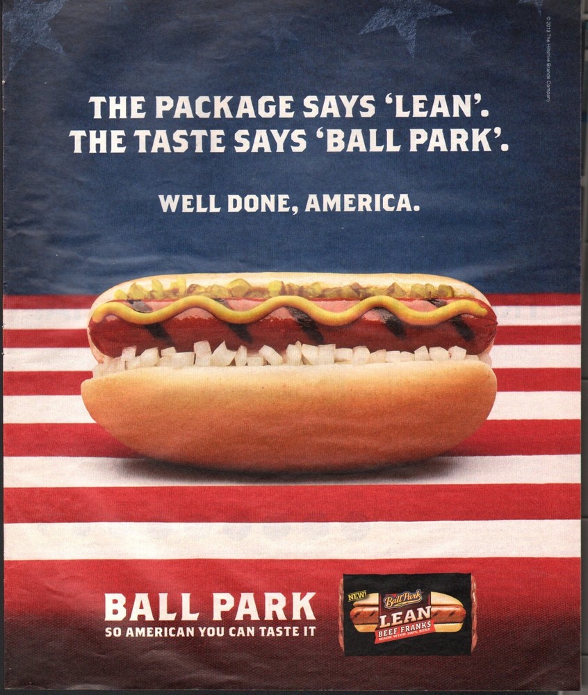 2013 Print ad Ball Park hot dogs Bun Mustard Red White Strips 01/16/25