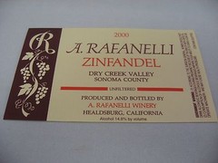 A. Rafanelli 2000 Zinfandel Wine Label Dry Creek Valley Sonoma Unfiltered
