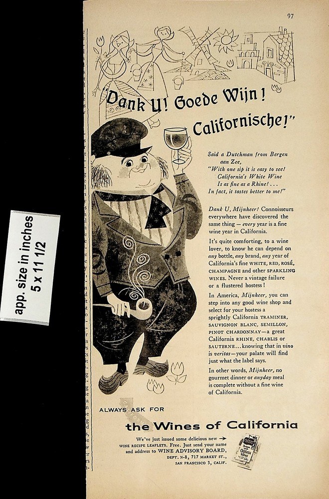 1957 Wines of California Dank U Goede Wijn Vintage Print Ad 6695