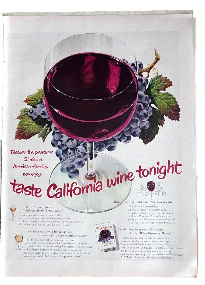 1953 magazine ad for California Wines – Taste California Wine Tonight