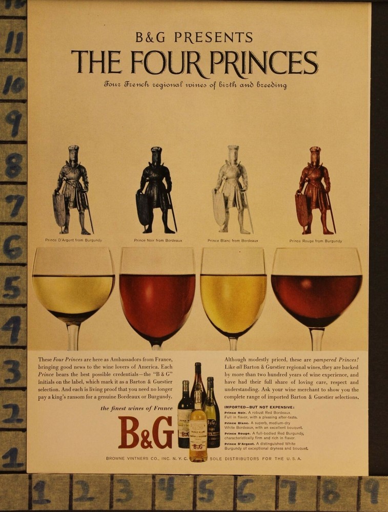 1959 B&G FOUR PRINCE FRENCH WINE ALCOHOL KNIGHT DRINK VINTAGE ART AD ZC46