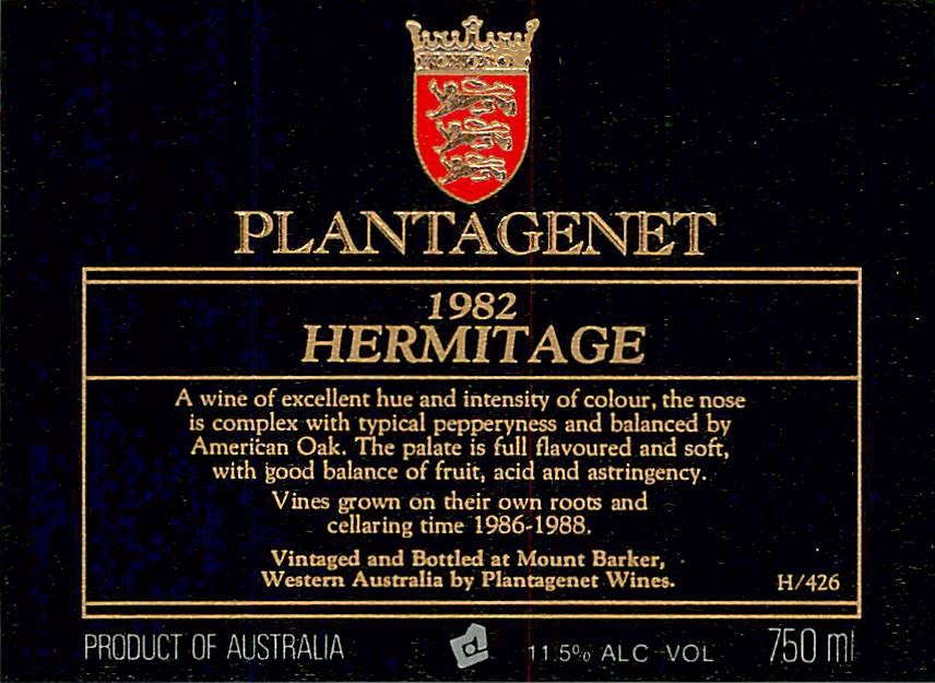 Plantagenet Hermitage Western Australia 1982 1980s Vintage Wine Label