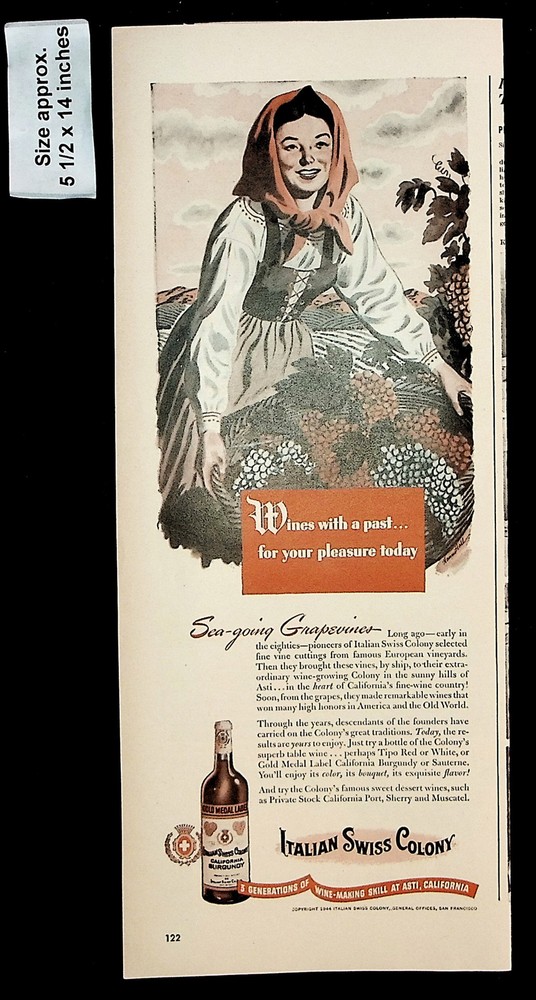 1944 Italian Swiss Colony Woman Pleasure Grapes Wines Vintage Print Ad 38625