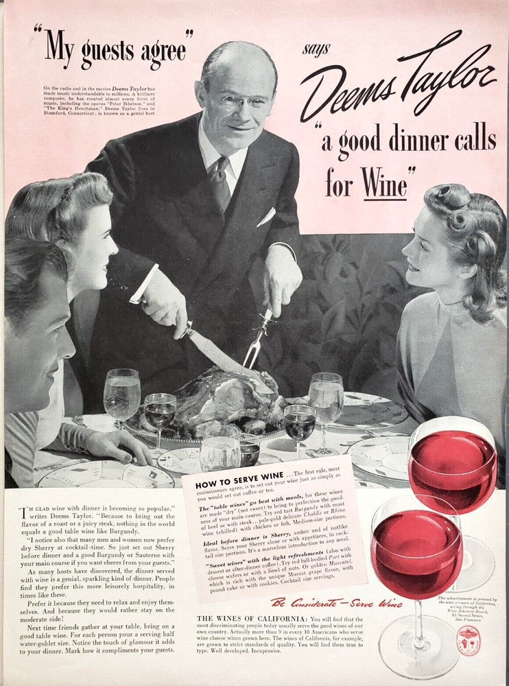 PRINT AD Wine Advisory Board California 1941 10.5×13 Deems Taylor