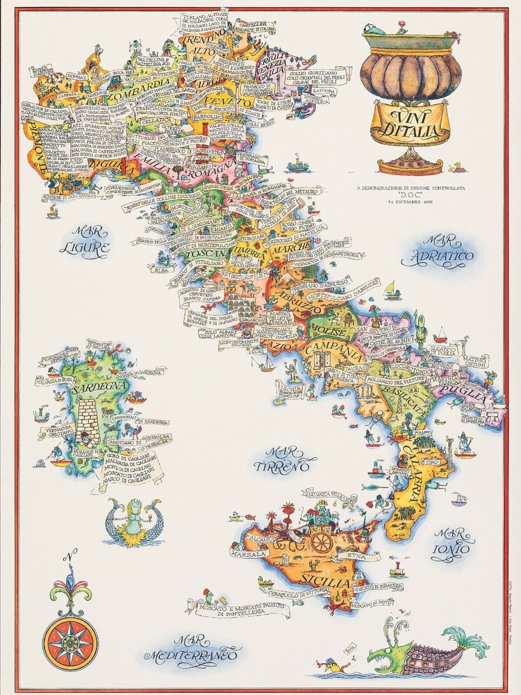 Italian Wines NEW Metal Sign: Map of Italy with Vintners & Wine Regions Noted