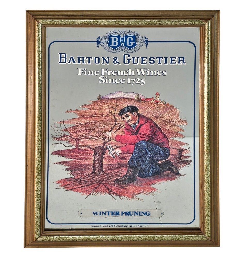 Vintage Barton & Guestier Wine Bar Mirror – “Winter Pruning” Framed French Ad
