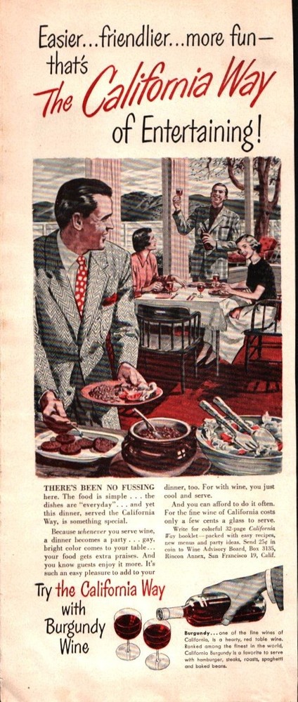 1951 California Wine Burgundy Way of Entertaining Vintage Print Ad 665