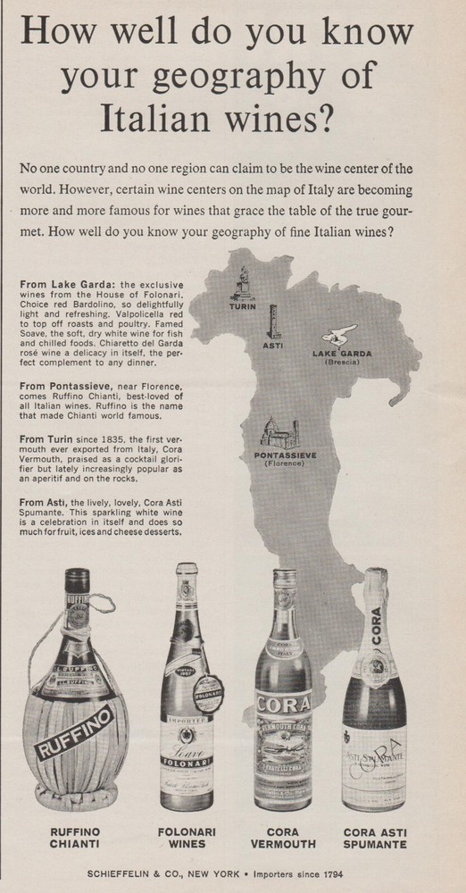 1961 Italian Wines Geography – Ruffino, Folonari, Cora – Map Of Italy – Print Ad