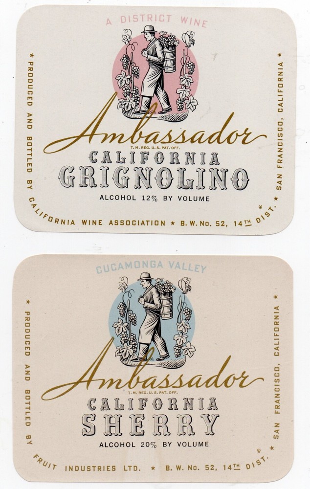 Two Original 1930s Ambassador California Sherry & Grignolino Labels SF CA