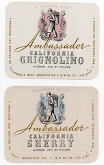 Two Original 1930s Ambassador California Sherry & Grignolino Labels SF CA