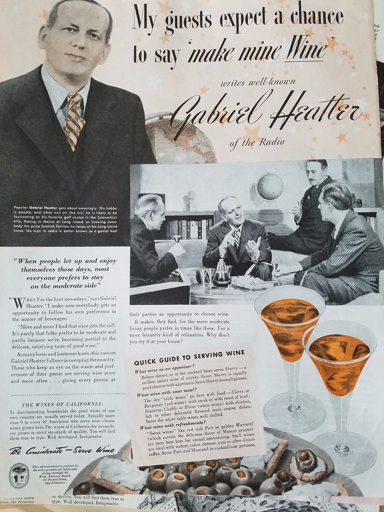 1941 How To Serve Wines California Gabriel Heatter Radio Original Print Ad