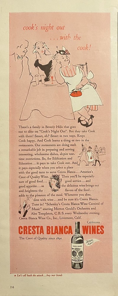 Vtg Print Ad 1944 Cresta Blanca Wines Retro Kitchen Wall Art Decor Home Bar Gift