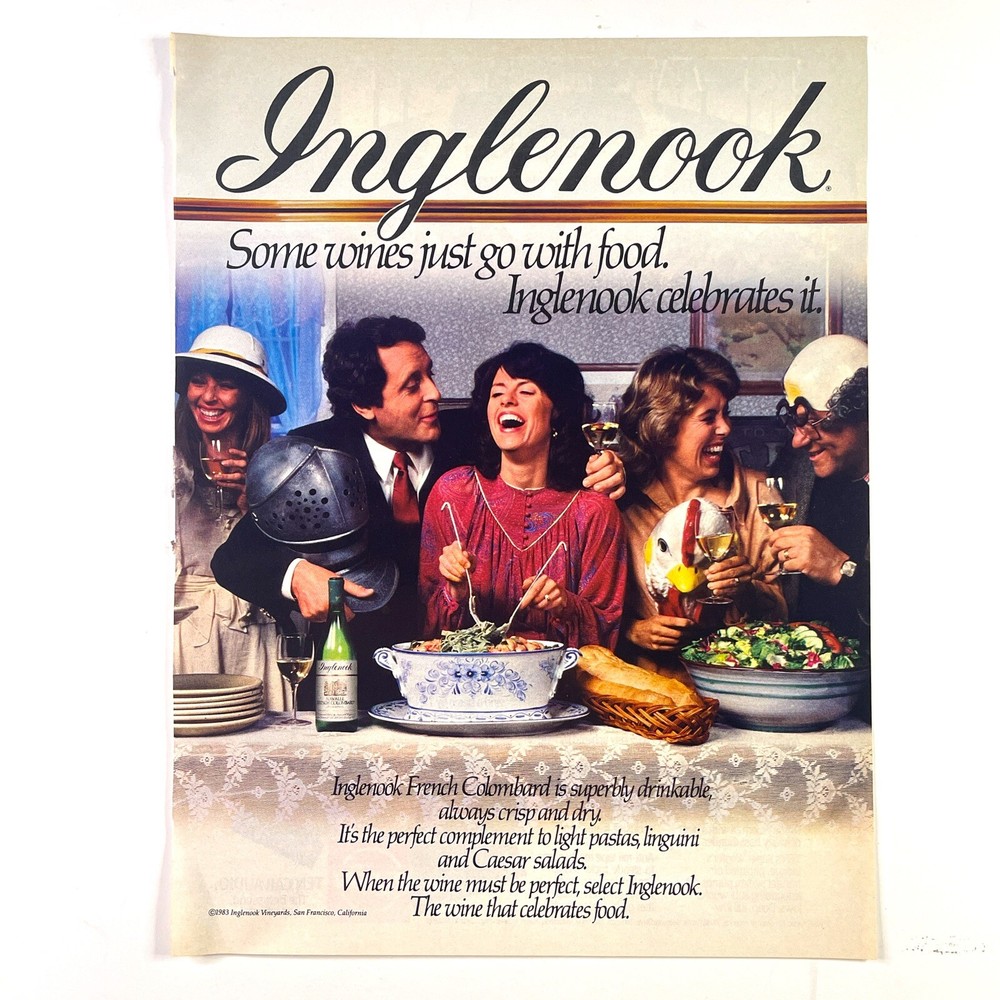 Inglenook White Wine Vintage 1983 80s Print Ad French Colombard Retro Food