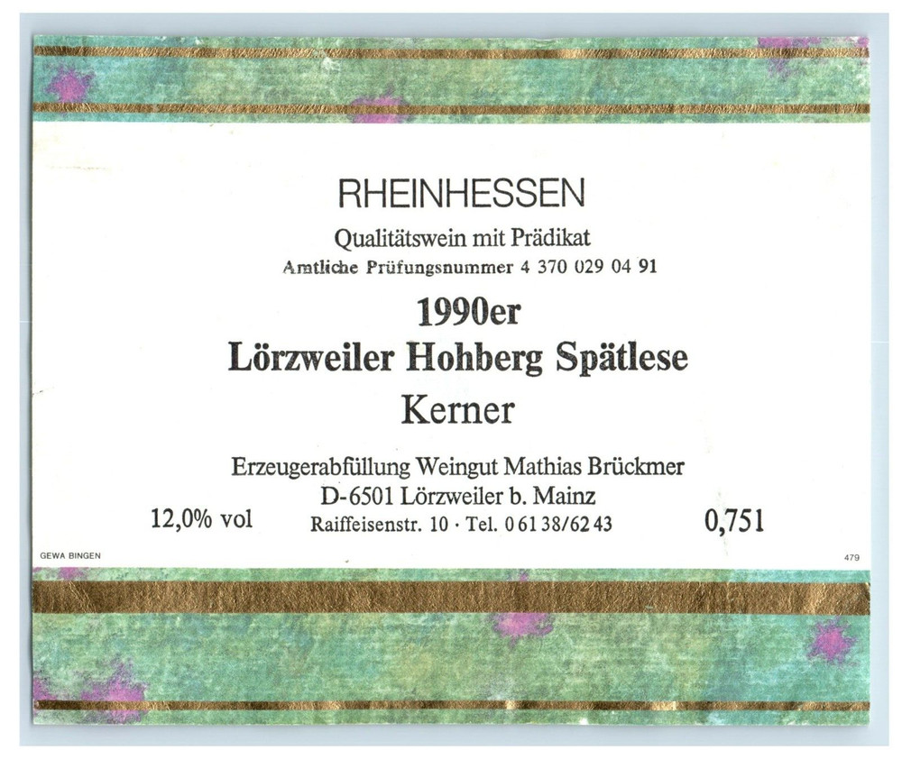 1970&rsquo;s-80&rsquo;s Rheinhessen Lorzweiler Hohberg German Wine Label Original S18E